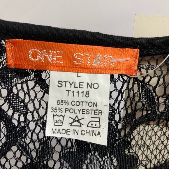 Black Lace Top Size Large with Fringe See Through Not Lined  By One Star - Picture 3 of 9